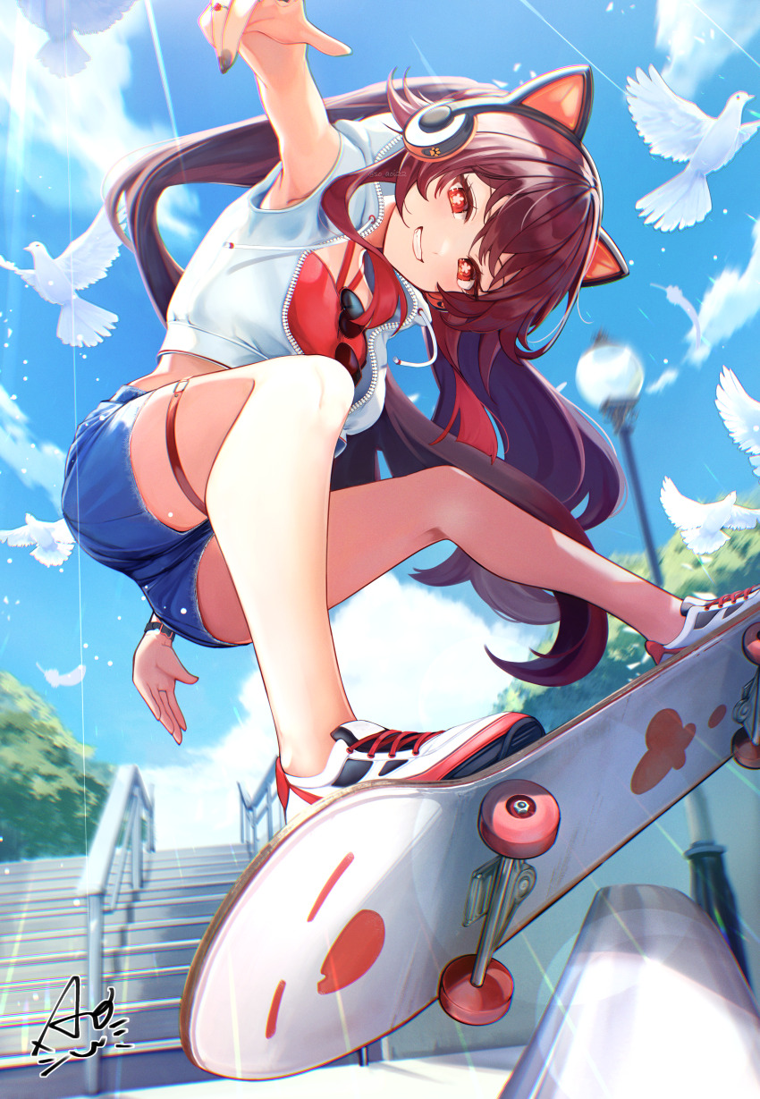 1girl absurdres alternate_costume animal_ear_headphones animal_ears asahi_(vjss4548) bird blue_shorts clenched_teeth day dove fake_animal_ears flower-shaped_pupils from_below genshin_impact headphones heart heart-shaped_eyewear highres hu_tao_(genshin_impact) long_hair looking_at_viewer outdoors red_eyes shoes short_shorts shorts skateboard skateboarding sleeveless sleeveless_jacket solo symbol-shaped_pupils teeth twintails white_bird white_shoes