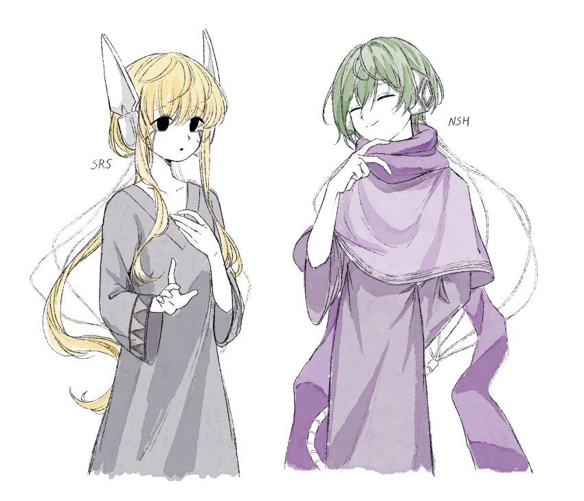 1boy 1other aida_(aidacamelia0516) black_eyes blonde_hair cloak closed_eyes closed_mouth dress grey_dress grey_hair highres humanization iterator_(rain_world) long_hair low_ponytail no_significant_harassment ponytail purple_cloak purple_tunic rain_world robot_ears seven_red_suns short_hair smile tunic v-neck very_long_hair wide_sleeves