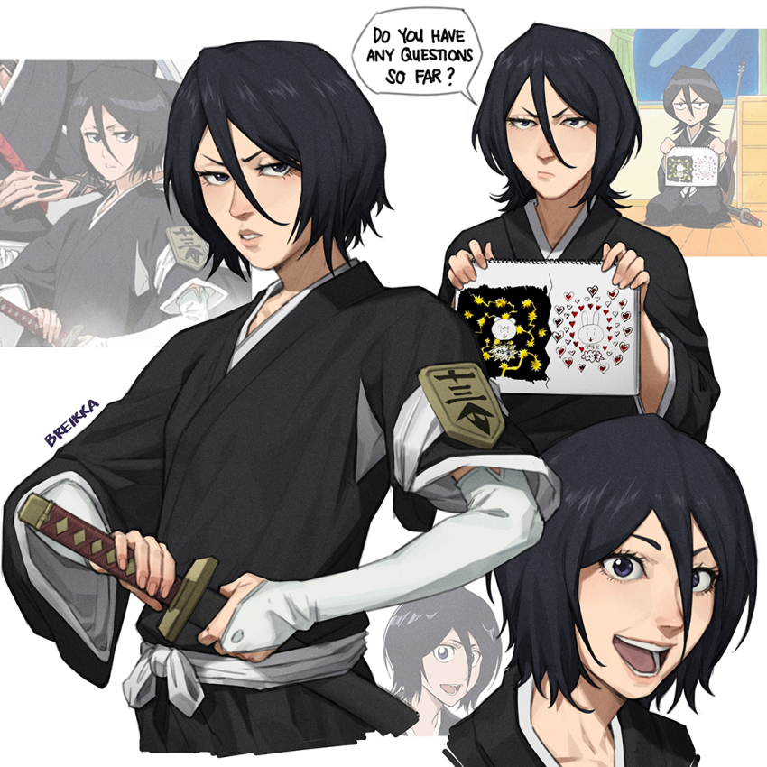1girl artist_name black_hair black_kimono bleach blue_eyes breikka bridal_gauntlets closed_mouth commentary cropped_torso derivative_work drawing elbow_gloves english_commentary english_text fingernails gloves hair_between_eyes holding holding_notebook japanese_clothes katana kimono kuchiki_rukia lips looking_at_viewer multiple_views notebook open_mouth parted_lips pink_lips sash screenshot_redraw short_hair simple_background smile sode_no_shirayuki speech_bubble sword teeth tongue weapon white_background white_gloves