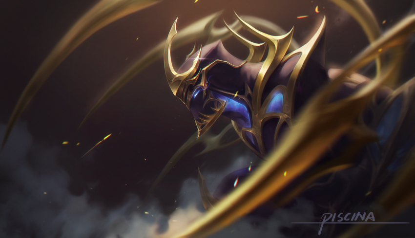 1boy absurdres armor artist_name blue_eyes brown_background from_side galaxy_slayer_zed glowing glowing_eyes helmet highres horns league_of_legends piscina shoulder_armor solo zed_(league_of_legends)