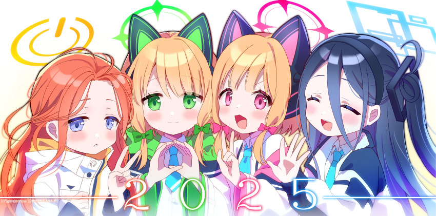 2025 4girls :3 :d ^_^ absurdres animal_ear_headphones animal_ears aqua_halo aqua_necktie aris_(blue_archive) artist_name bilibili_username black_hair black_hairband black_jacket blonde_hair blue_archive blue_eyes blunt_bangs blush bow buttons cat_ear_headphones cat_ears chinese_commentary closed_eyes closed_mouth collared_shirt commentary_request curled_fingers dot_nose eyes_visible_through_hair fake_animal_ears forehead game_development_department_(blue_archive) gradient_background green_bow green_eyes green_halo green_jacket hair_behind_ear hair_between_eyes hair_bow hair_intakes hairband halo hand_up hands_up headphones heart heart_hands highres hood hood_down hooded_jacket jacket long_bangs long_hair long_hair_between_eyes long_sidelocks long_sleeves looking_at_viewer looking_to_the_side low-tied_sidelocks making-of_available medium_hair midori_(blue_archive) miomio1568315 momoi_(blue_archive) multicolored_jacket multiple_girls necktie off_shoulder one_side_up open_clothes open_hand open_jacket open_mouth orange_hair orange_jacket parted_bangs parted_lips pink_bow pink_eyes pink_halo pink_jacket power_symbol puffy_long_sleeves puffy_sleeves raised_eyebrows rectangular_halo school_uniform shirt siblings sidelocks simple_background sisters smile spread_fingers straight-on suspenders tareme teeth twins twitter_username twitter_x_logo two-sided_fabric two-sided_jacket upper_body upper_teeth_only v v-shaped_eyebrows w waving white_background white_jacket white_shirt wide_sleeves yellow_background yellow_halo yuzu_(blue_archive)