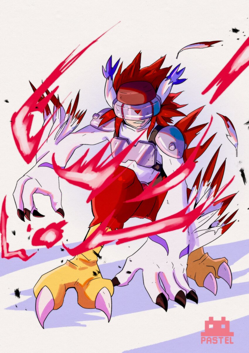 1boy absurdres body_fur digimon digimon_(creature) fire full_body head-mounted_display highres male_focus pastelmon_art rider_belt silphymon smirk solo talons white_fur white_wings winged_arms wings