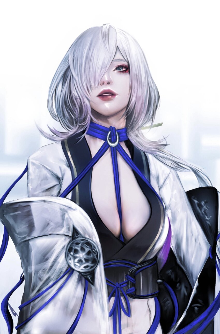 1girl breasts cleavage eyeshadow hair_over_one_eye highres japanese_clothes kimono light_smile makeup medium_breasts medium_hair miko momokulala ninja_gaiden ninja_gaiden_4 nontraditional_miko obi obijime photorealistic realistic red_eyeshadow red_lips rope sash seori_(ninja_gaiden) solo teeth white_background white_hair white_kimono