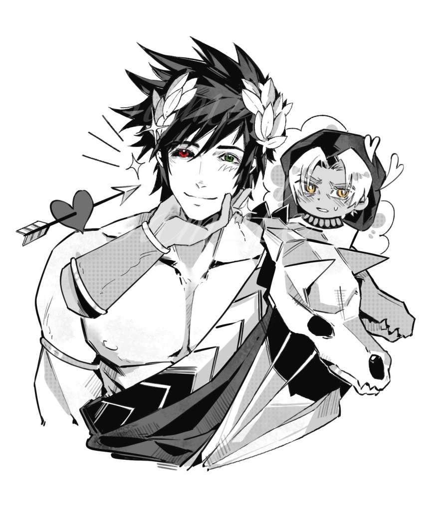 2boys animal_skull arrow_(projectile) arrow_through_heart bare_pectorals black_sclera chinese_commentary closed_mouth collarbone colored_sclera commentary_request curtained_hair greco-roman_clothes green_eyes greyscale hades_(series) hades_1 hand_on_another&#039;s_chin heart heterochromia highres hood hood_up looking_at_another looking_to_the_side male_focus monochrome multiple_boys nervous_sweating nipples pectorals red_eyes robe sideways_glance simple_background single_bracer smile spot_color sweat thanatos_(hades) white_background xinjinjumin8218011 yaoi yellow_eyes zagreus_(hades)