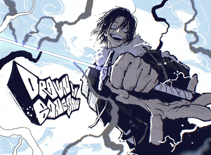 1boy absurdres ahoge artist_name bags_under_eyes black_hair black_jacket bonesaw_(rdkshinku) chromatic_aberration cloud_gouger_(sword) crazy_eyes electricity english_text foreshortening freckles fur_collar fur_trim hair_between_eyes high_contrast highres holding holding_sword holding_weapon jacket jewelry kagurabachi katana lightning lightning_background looking_at_viewer male_focus messy_hair necklace open_hand open_mouth overexposure short_hair smile solo soujou_genichi spread_fingers sword teeth upper_body upper_teeth_only weapon