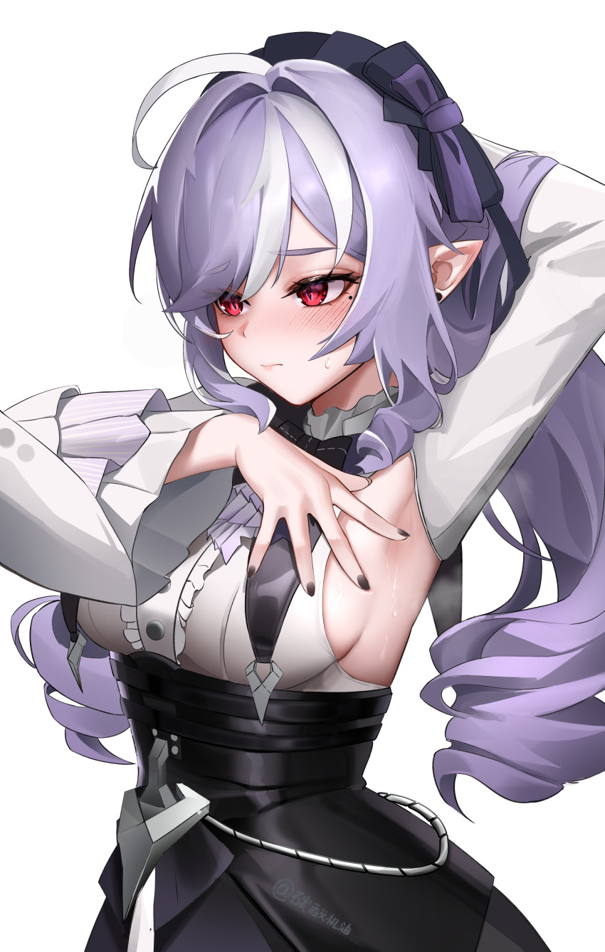 1girl absurdres ahoge armpits artist_name black_bow black_bowtie black_nails black_skirt blush bow bowtie breasts center_frills chinese_commentary closed_mouth commentary detached_sleeves fingernails frilled_shirt frills hair_intakes hair_ribbon highres large_breasts long_hair long_sleeves mole mole_under_eye multicolored_hair nail_polish pink_lips pointy_ears presenting_armpit purple_hair purple_ribbon red_eyes ribbon shirt sideboob simple_background skirt solo streaked_hair two-tone_hair ushiko_xiansheng vivian_(zenless_zone_zero) white_background white_shirt white_sleeves zenless_zone_zero