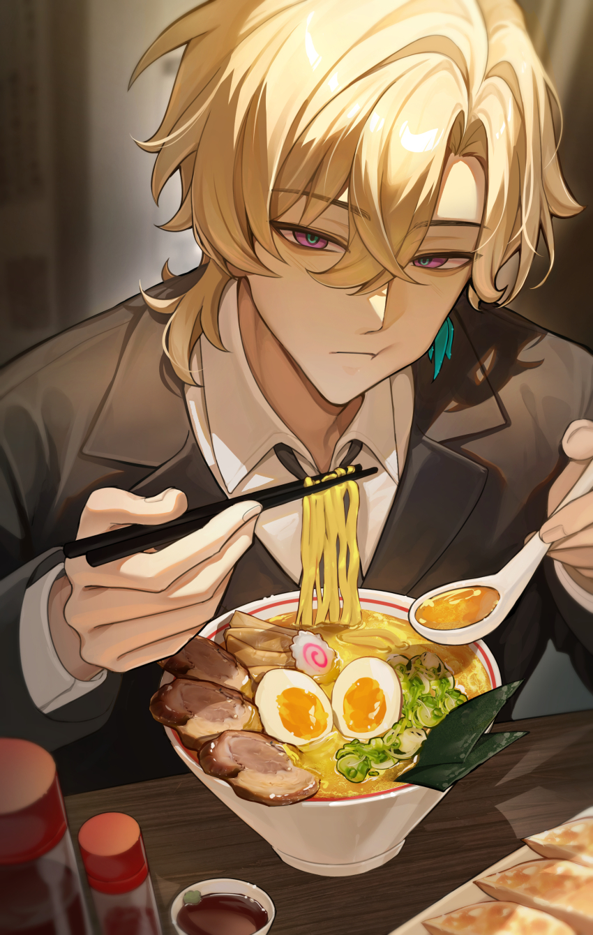 1boy :t absurdres aqua_pupils aventurine_(honkai:_star_rail) beef black_jacket black_necktie black_suit blonde_hair blurry blurry_background bowl chopsticks closed_mouth collared_shirt commentary_request cup curtained_hair danha double-parted_bangs earrings eating egg_yolk fingernails food formal_clothes gyuudon hair_between_eyes hair_intakes hands_up hashtag-only_commentary highres holding holding_chopsticks honkai:_star_rail honkai_(series) indoors jacket jewelry lapels layered_sleeves lettuce long_sleeves looking_at_viewer male_focus mixed-language_commentary multicolored_eyes necktie noodles notched_lapels purple_eyes sauce shirt short_hair sidelocks single_earring solo spoon suit suit_jacket sushi table two-tone_eyes upper_body white_shirt wing_collar wooden_table