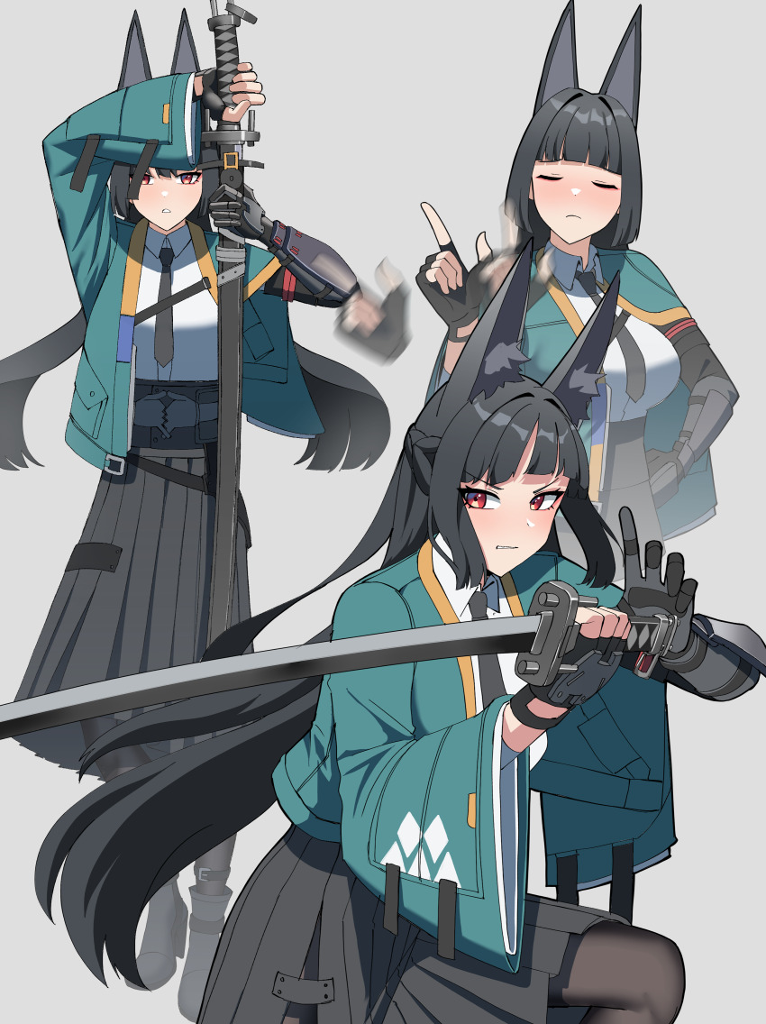 1girl absurdres afterimage animal_ears asymmetrical_gloves black_boots black_gloves black_hair black_necktie black_skirt blush boots breasts brown_pantyhose closed_eyes closed_mouth collared_shirt commentary dress_shirt fingerless_gloves gar32 gloves grey_background highres holding holding_sheath holding_sword holding_weapon hoshimi_miyabi index_finger_raised katana large_breasts long_hair mismatched_gloves multiple_views necktie pantyhose pleated_skirt red_eyes sheath sheathed shirt simple_background single_fingerless_glove skirt sword v-shaped_eyebrows very_long_hair weapon white_shirt zenless_zone_zero