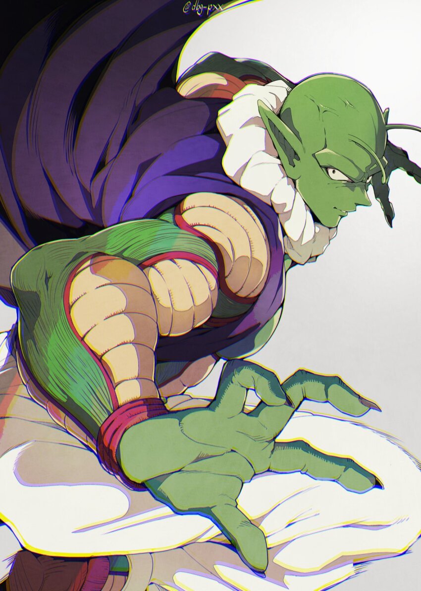 1boy antennae bald bb_m0024 black_eyes black_nails chromatic_aberration collar colored_skin commentary_request dragon_ball dragonball_z fingernails floating_clothes green_skin highres looking_at_viewer looking_to_the_side male_focus muscular muscular_male nail_(dragon_ball) namekian pants parted_lips pointy_ears purple_vest sharp_fingernails solo twitter_username veiny_face vest white_background white_collar white_pants wide-eyed