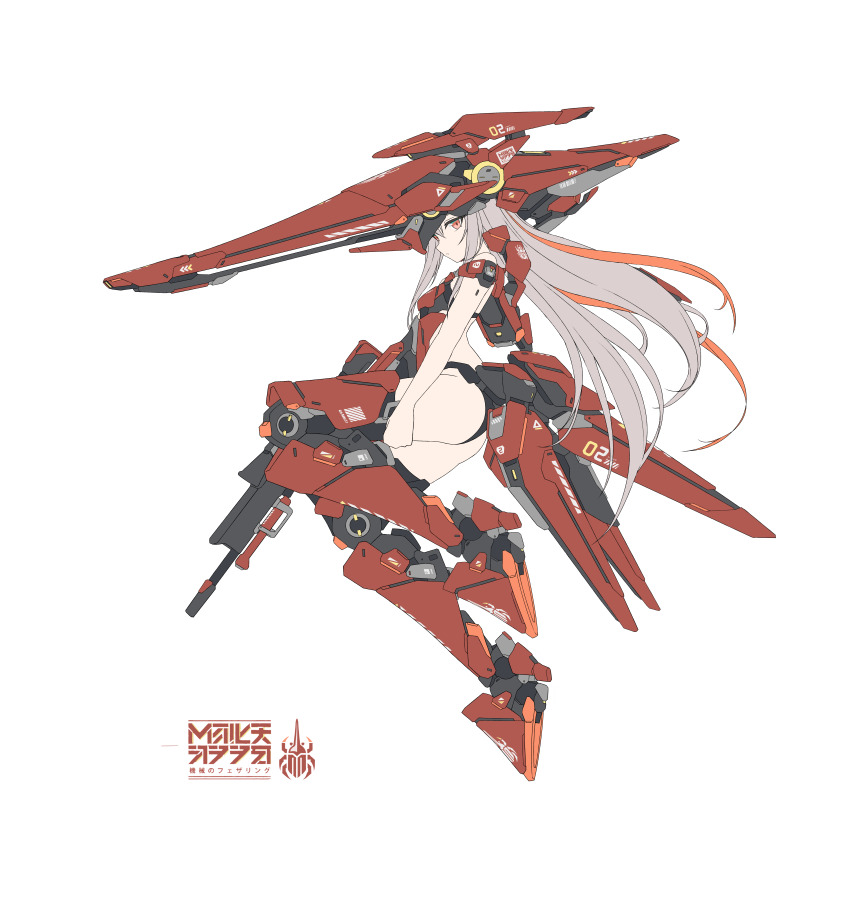 1girl absurdres armor armored_boots ass boots breasts copyright_name full_body grey_hair gun helmet highres holding holding_gun holding_weapon leotard long_hair looking_at_viewer mecha_musume mechanical_legs multicolored_hair original red_eyes red_leotard science_fiction simple_background small_breasts solo takanashi_makino very_long_hair weapon white_background