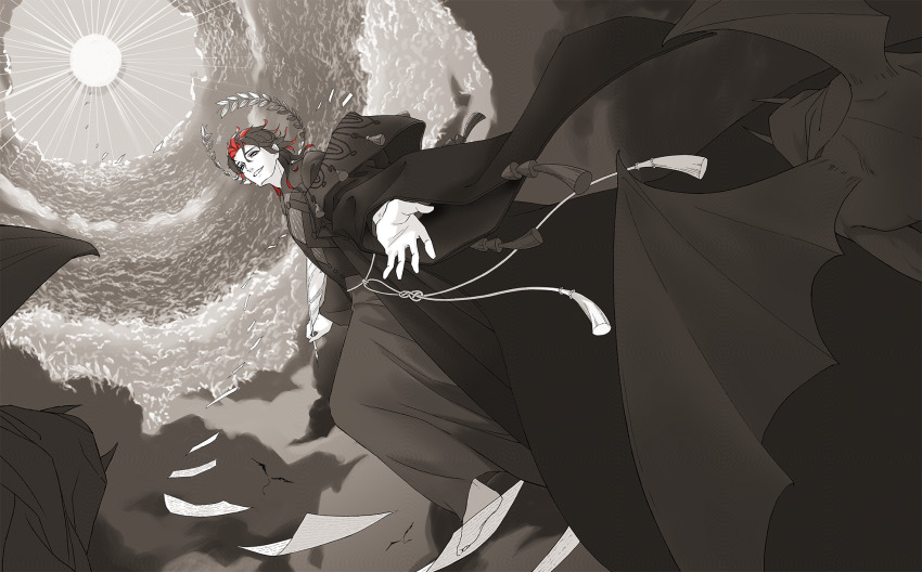 1boy black_cloak black_hair cape cloak cloud dante_alighieri_(fate) dante_alighieri_(third_ascension)_(fate) demon demon_horns demon_wings fate/grand_order fate_(series) feather_nib_pen floating_crown heaven hell highres holding holding_pen hood horns laurel_crown looking_at_viewer looking_down miyuyoko pages partially_colored pen reaching reaching_towards_viewer rope rope_belt sun tassel wings
