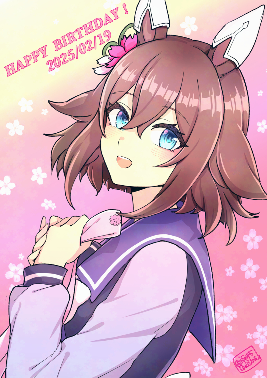 1girl animal_ears blue_eyes brown_hair cherry_blossoms dated ear_covers gradient_background hair_ornament hands_up happy_birthday headband hi_(ibisf5umauma) highres holding_headband horse_ears long_hair looking_at_viewer looking_to_the_side open_mouth own_hands_together purple_shirt sakura_chiyono_o_(umamusume) school_uniform shirt short_hair smile solo tracen_school_uniform twitter_username umamusume upper_body