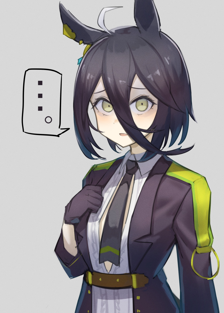 ... 1girl absurdres ahoge alternate_hair_length alternate_hairstyle animal_ears belt between_breasts black_gloves black_necktie breasts brown_belt collared_shirt commentary_request cosplay ear_ornament fuji_kiseki_(umamusume) fuji_kiseki_(umamusume)_(cosplay) gloom_(expression) gloves hair_between_eyes highres horse_ears horse_girl jacket long_sleeves looking_at_viewer manhattan_cafe_(umamusume) multicolored_hair necktie necktie_between_breasts open_clothes open_jacket open_shirt parted_lips rottenpizza shirt short_hair small_breasts solo spoken_ellipsis streaked_hair umamusume upper_body white_hair white_shirt yellow_eyes