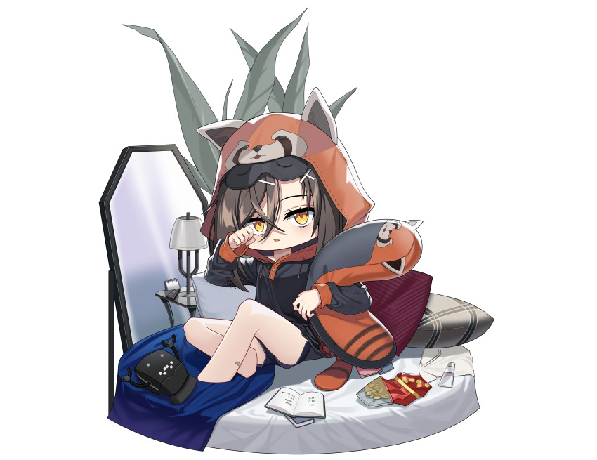 1girl absurdres brown_eyes brown_hair character_doll chibi chibi_only christina_brecht commentary_request counter:side crossed_bangs doll drawstring hair_between_eyes hair_ornament hairclip hand_up highres holding holding_pillow hood hooded_jacket jacket korean_commentary lamp leaf long_sleeves looking_at_viewer machine-g.a.p. mirror notebook official_alternate_costume on_bed parted_lips pillow red_panda_hood simple_background sitting solo transparent_background wbs x_hair_ornament