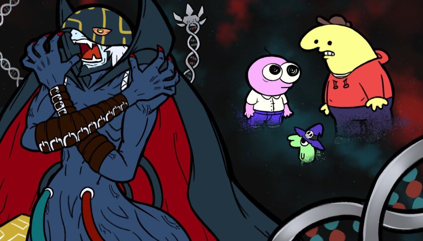 4boys apocalymon arm_belt cable cap cape charlie_(smiling_friends) collared_shirt crossover digimon digimon_(creature) fading fangs fingernails glep_(smiling_friends) hat hood hooded_jacket jacket mask meme multiple_boys pim_(smiling_friends) pink_eyes sharp_fingernails sharp_teeth shirt smiling_friends space teeth