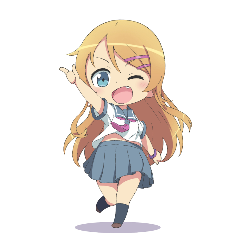 1girl ;d black_socks brown_shoes chibi chibi_only fang full_body grey_sailor_collar grey_skirt hair_ornament hairclip highres kousaka_kirino kousaka_kirino&#039;s_school_uniform light_blush long_hair midriff_peek navel neckerchief one_eye_closed open_mouth orange_hair ore_no_imouto_ga_konna_ni_kawaii_wake_ga_nai outstretched_arm pleated_skirt purple_neckerchief sailor_collar scarletsky school_uniform shirt shoes simple_background skirt smile socks solo standing standing_on_one_leg white_background white_shirt