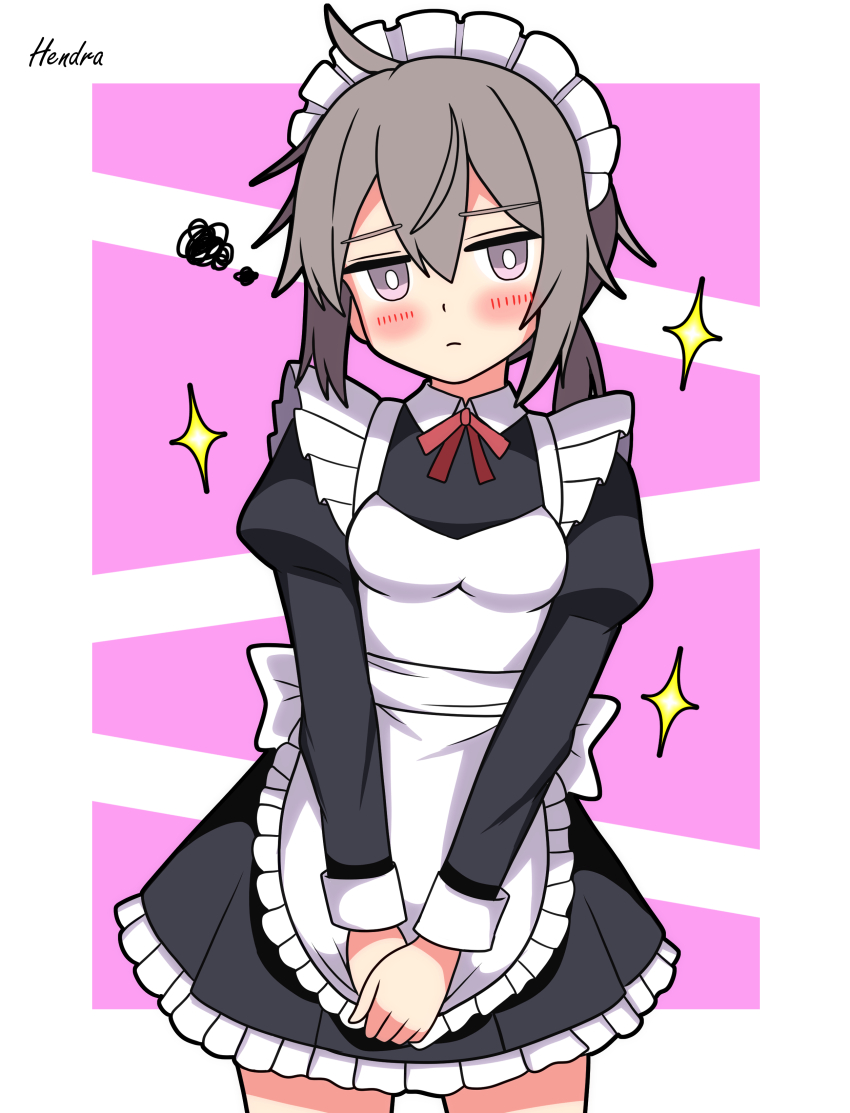 1girl absurdres alternate_costume apron artist_name black_dress blush breasts bright_pupils closed_mouth commentary_request cowboy_shot dress enmaided frilled_apron frilled_dress frills girls&#039;_frontline grey_hair hendra highres juliet_sleeves long_sleeves looking_at_viewer m200_(girls&#039;_frontline) maid maid_apron maid_headdress neck_ribbon pink_background ponytail puffy_sleeves purple_eyes red_ribbon ribbon signature simple_background small_breasts solo sparkle white_apron white_pupils