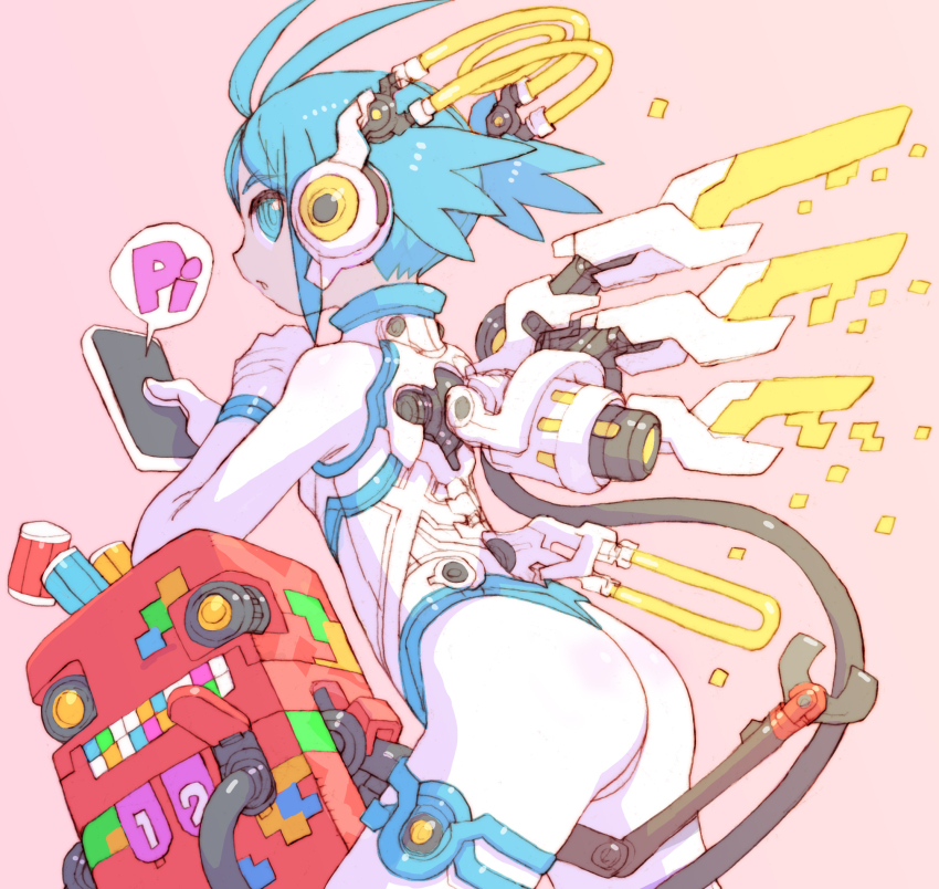 1girl android ass blue_eyes blue_hair bodysuit cable elbow_rest electric_plug headphones highres holding holding_phone leaning_forward nakayama_tooru original phone recharging robot white_bodysuit