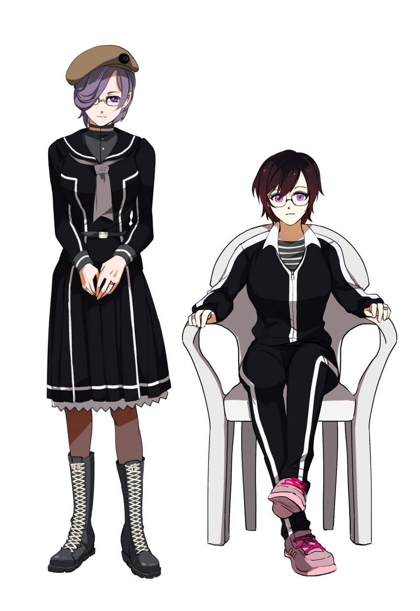 2girls absurdres administrator_(crossover_nexus) architect_(crossover_nexus) beret black_collar black_footwear black_hair black_pantyhose black_shirt black_skirt black_thighhighs black_track_suit brown_headwear chair collar crossover_nexus_project crossover_nexus_series glasses gradient_hair grey_ribbon grey_shirt hat highres hose isekai_monogatari_series jewelry lily_academy_school_uniform monobloc_(chair) multicolored_hair multiple_girls pantyhose pink_shoes pointy_ears purple_eyes purple_hair red_hair ring school_uniform shirt shoes short_hair sitting skirt striped_clothes striped_shirt telnyashka thighhighs track_suit tsang_fei underwear wedding_ring wife_and_wife