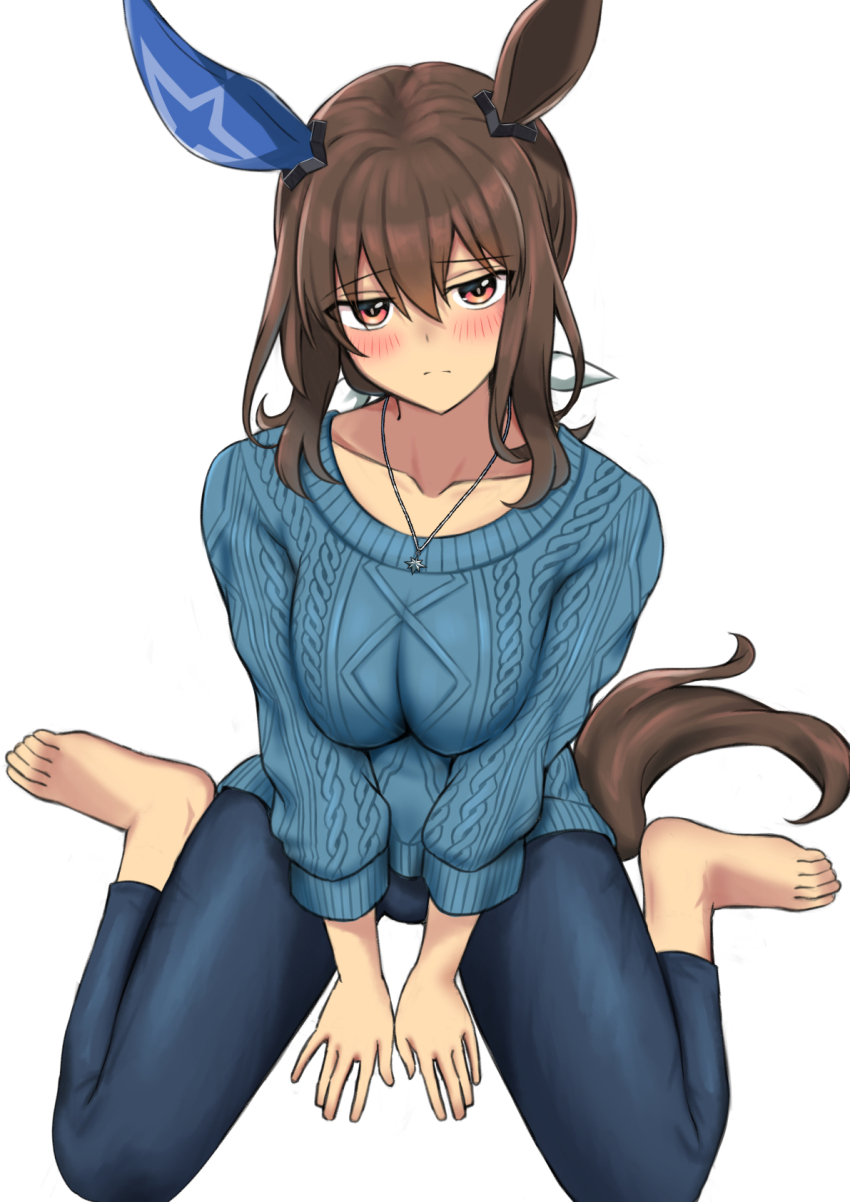 1girl admire_vega_(umamusume) animal_ears argyle_clothes argyle_sweater barefoot between_legs blue_pants blue_sweater blush bow breasts brown_hair cable_knit collarbone ear_covers ear_ornament feet frown hair_between_eyes hair_bow hakase_yurisuki hand_between_legs highres horse_ears horse_girl horse_tail jewelry large_breasts long_hair looking_at_viewer pants pendant ponytail red_eyes single_ear_cover sitting solo sweater tail toes umamusume wariza white_background