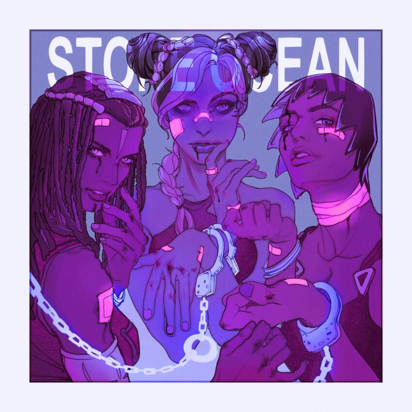 1girl 3girls bandaid bandaid_on_face bandaid_on_hand bandaid_on_nose border braid braided_ponytail bun_with_braided_base commentary copyright_name cuffs double_bun dreadlocks english_commentary ermes_costello foo_fighters_(jojo) ginsky2000 hair_bun handcuffs highres jojo_no_kimyou_na_bouken kuujou_jolyne multicolored_hair multiple_girls stone_ocean two-tone_hair white_border