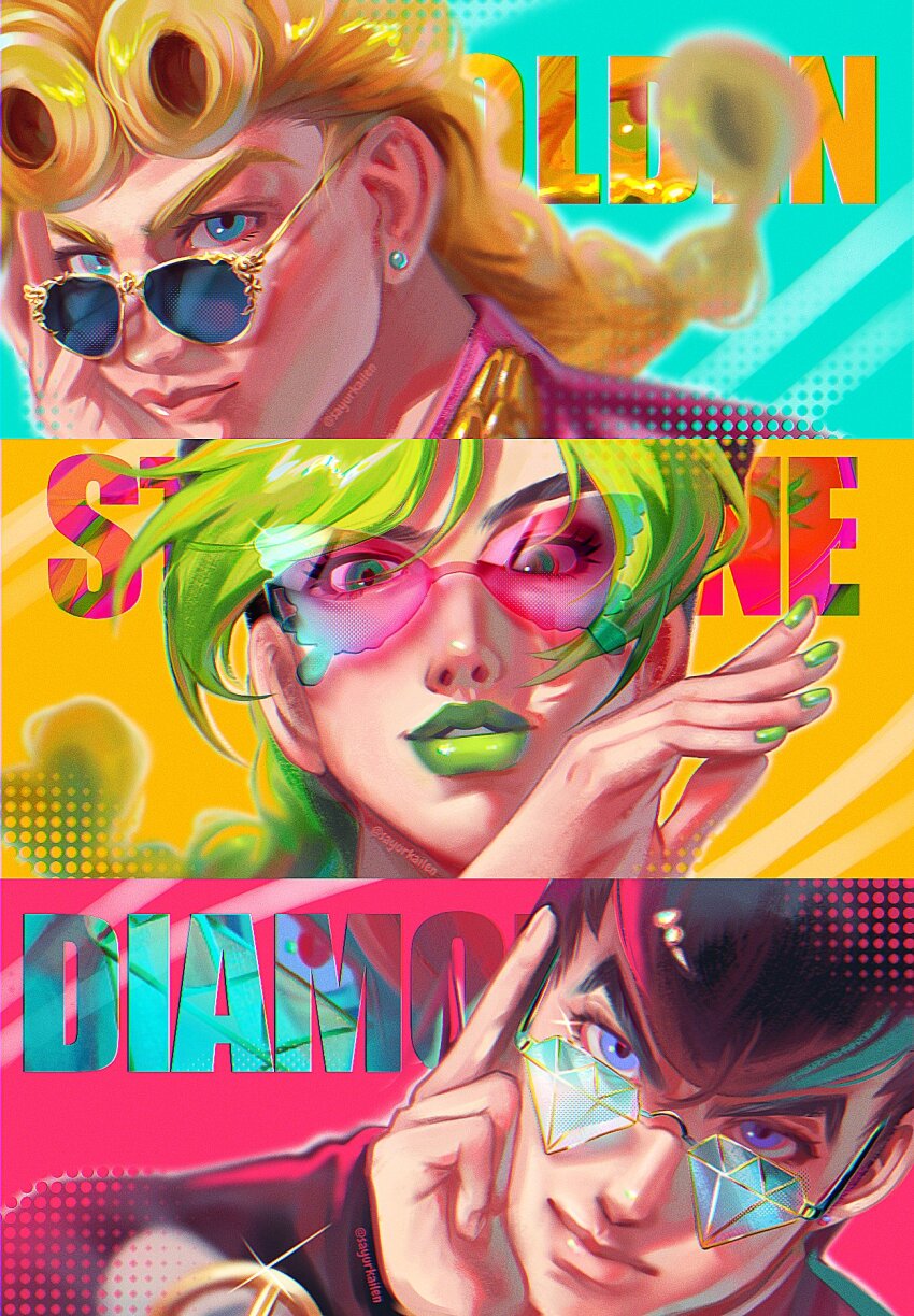 1girl 2boys aqua_background black_hair blonde_hair blue-tinted_eyewear blue_eyes braid diamond_(shape) diamond_wa_kudakenai earrings english_text flower gakuran giorno_giovanna green_hair green_lips green_nails hand_on_own_face hand_up higashikata_josuke highres jacket jewelry jojo_no_kimyou_na_bouken kuujou_jolyne light_smile lips long_hair multicolored_hair multiple_boys parted_lips pink-tinted_eyewear pink_jacket pompadour red_background sayurkailen school_uniform shadow single_braid stone_ocean sunglasses teeth tinted_eyewear twitter_username vento_aureo victory_rolls yellow-framed_eyewear yellow_background