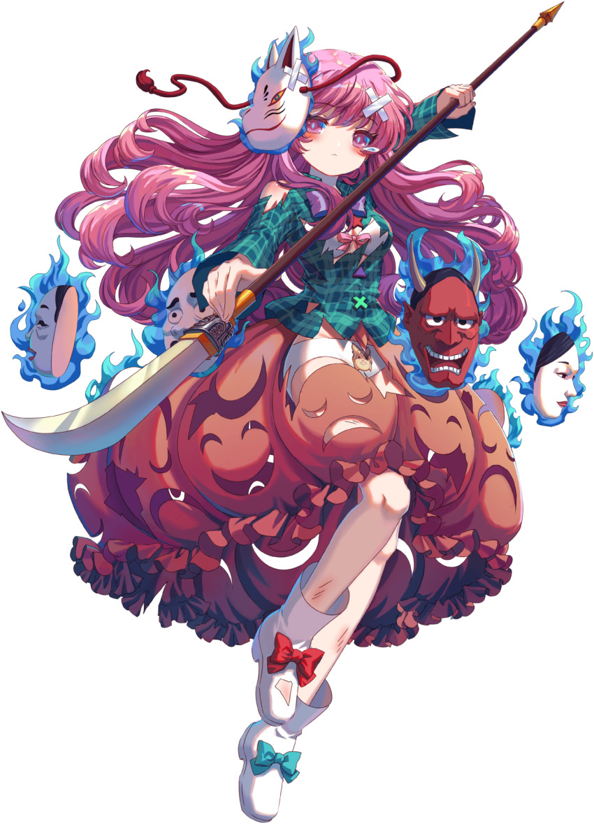 1girl :&lt; aqua_shirt blue_fire boots bow bowtie bra breasts buttons cross crossed_bandaids fire footwear_ribbon fox_mask game_cg hata_no_kokoro highres holding holding_polearm holding_weapon injury kumio long_hair mask new_mask_of_hope noh_mask non-web_source oni_mask orange_skirt panties pink_eyes pink_hair pink_ribbon plaid_clothes plaid_shirt polearm purple_bow purple_bowtie ribbon shirt skirt skirt_cutout solo star_(symbol) tachi-e teardrop torn_boots torn_clothes torn_footwear torn_shirt torn_skirt touhou touhou_blooming_chaos toyosatomimi_no_miko triangle underwear weapon white_boots white_bra white_panties