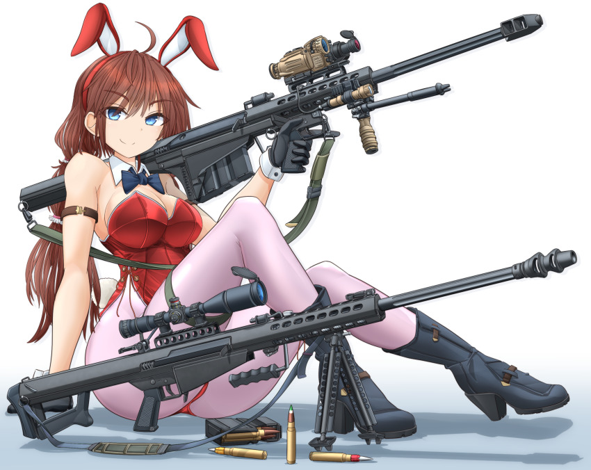 .50_bmg .50_bmg_ball_m2 .50_bmg_raufoss_mk_211_heiap .50_bmg_slap-t_m962 .50_bmg_slap_m903 1girl ahoge ammunition animal_ears anti-materiel_cartridge anti-materiel_rifle arm_strap armor-piercing_ammunition barrett_firearms_manufacturing barrett_m82 barrett_m82a2 black_gloves blue_boots blue_bow blue_bowtie blue_eyes boots bow bowtie breasts brown_hair bullet bullpup closed_mouth collar commentary commentary_request detached_collar english_commentary fake_animal_ears fake_tail gloves gradient_background gun hair_tie high-explosive_cartridge high-explosive_incendiary_armor-piercing_ammunition high_heel_boots high_heels highleg highleg_leotard highres hmg_cartridge holding holding_gun holding_weapon incendiary_ammunition leotard long_hair looking_at_viewer low-tied_long_hair magazine_(weapon) magnum_cartridge match_grade_ammunition medium_breasts mikeran_(mikelan) military_cartridge mixed-language_commentary original pantyhose pink_pantyhose playboy_bunny rabbit_ears rabbit_tail red_leotard rifle rifle_cartridge sabot saboted_light_armor_penetrator scope semi-automatic_rifle shadow side-tie_leotard sitting smile sniper_rifle solo strapless strapless_leotard sub-caliber_ammunition supersonic_ammunition tail thigh_strap tracer_ammunition trigger_discipline weapon white_background white_collar wing_collar