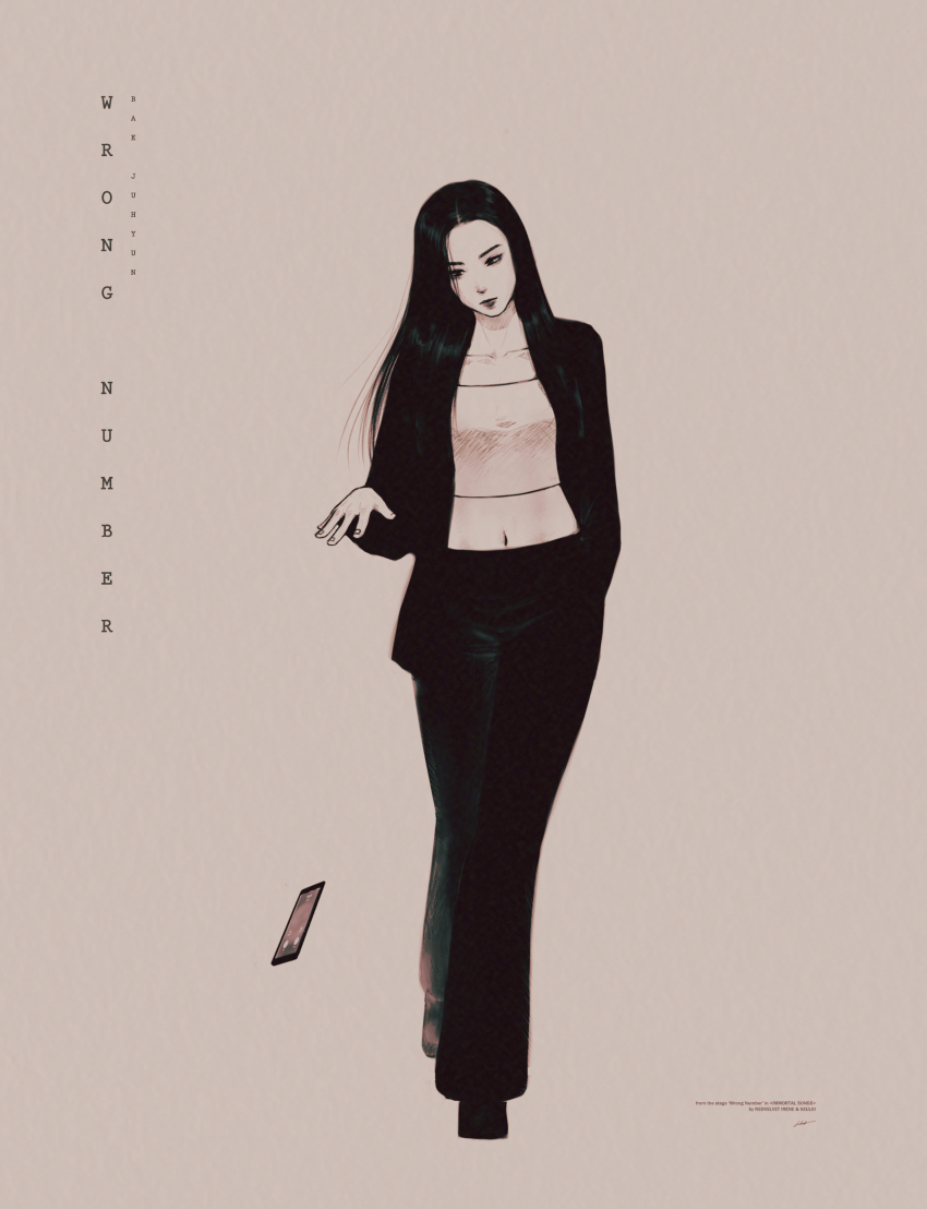 1girl absurdres artist_name_(singer) commentary falling full_body greyscale highres irene_(red_velvet) jacket k-pop long_hair monochrome phone real_life red_velvet_(group) simple_background sin_daybreak solo song_name