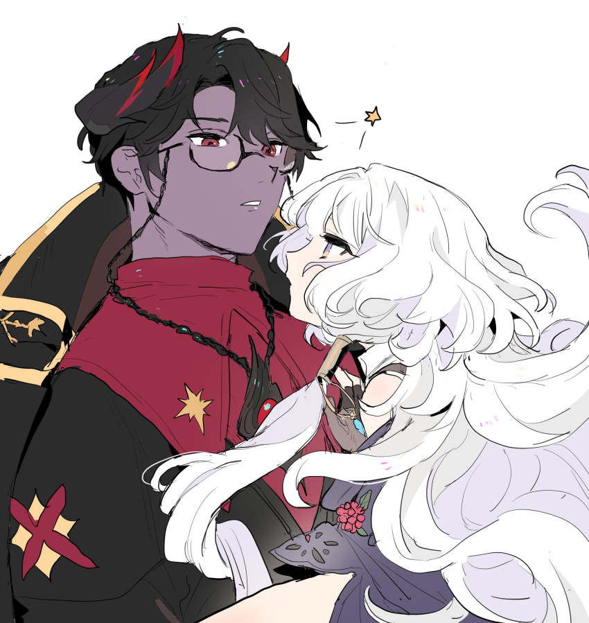 1boy 1girl ahoge dal-gi face-to-face grey_hair hair_intakes hand_on_another&#039;s_chest highres long_hair looking_at_another mabinogi player_character_(mabinogi) rowan_(mabinogi) white_background