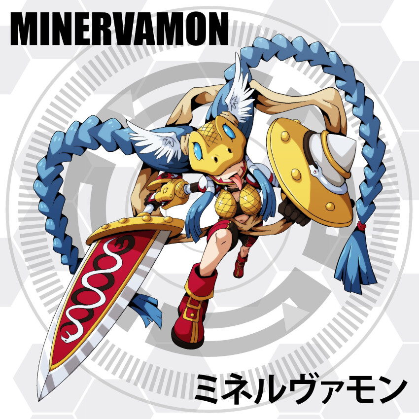 braid covered_eyes d_sandy digimon digimon_(creature) english_text highres japanese_text long_hair mask minervamon olympos_xii solo wings