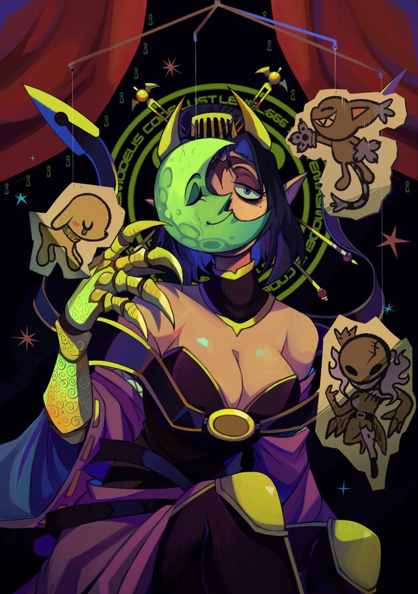 1girl absurdres bare_shoulders bat_tattoo black_background black_hair blacktailmon blue_eyes breasts cat claws cleavage closed_eyes comb covered_face covered_mouth crescent_moon demon_girl detached_sleeves digimon digimon_(creature) dog dress eyeshadow facial_mark fallen_angel forehead_mark forehead_tattoo grin hair_ornament hairpin half-closed_eyes hand_up highres horns ladydevimon lilithmon looking_at_viewer makeup marypumpum medium_breasts mobile mole mole_under_eye moon moon_with_face one_eye_covered paper_cutout plotmon pointy_ears purple_dress purple_eyeshadow purple_sleeves sharp_teeth short_hair single_tear smile solo tattoo teeth u_u
