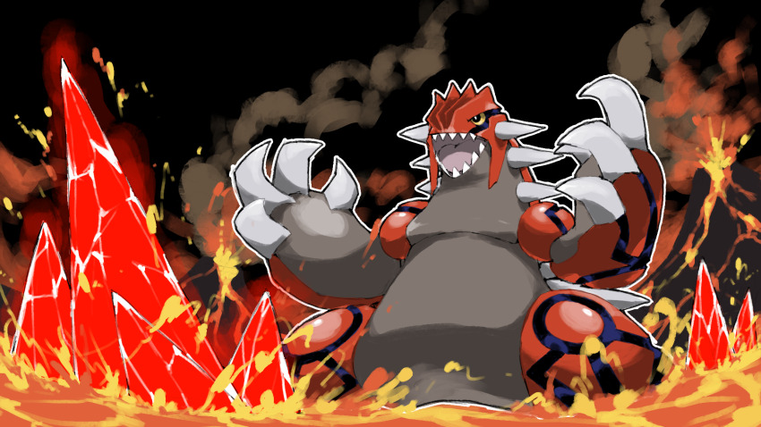 animal_focus black_background blacknirrow claws creatures_(company) eruption game_freak gen_3_pokemon groudon highres lava legendary_pokemon nintendo no_humans open_mouth outline pokemon pokemon_(creature) pokemon_focus sharp_teeth smoke spikes teeth volcano white_outline yellow_eyes