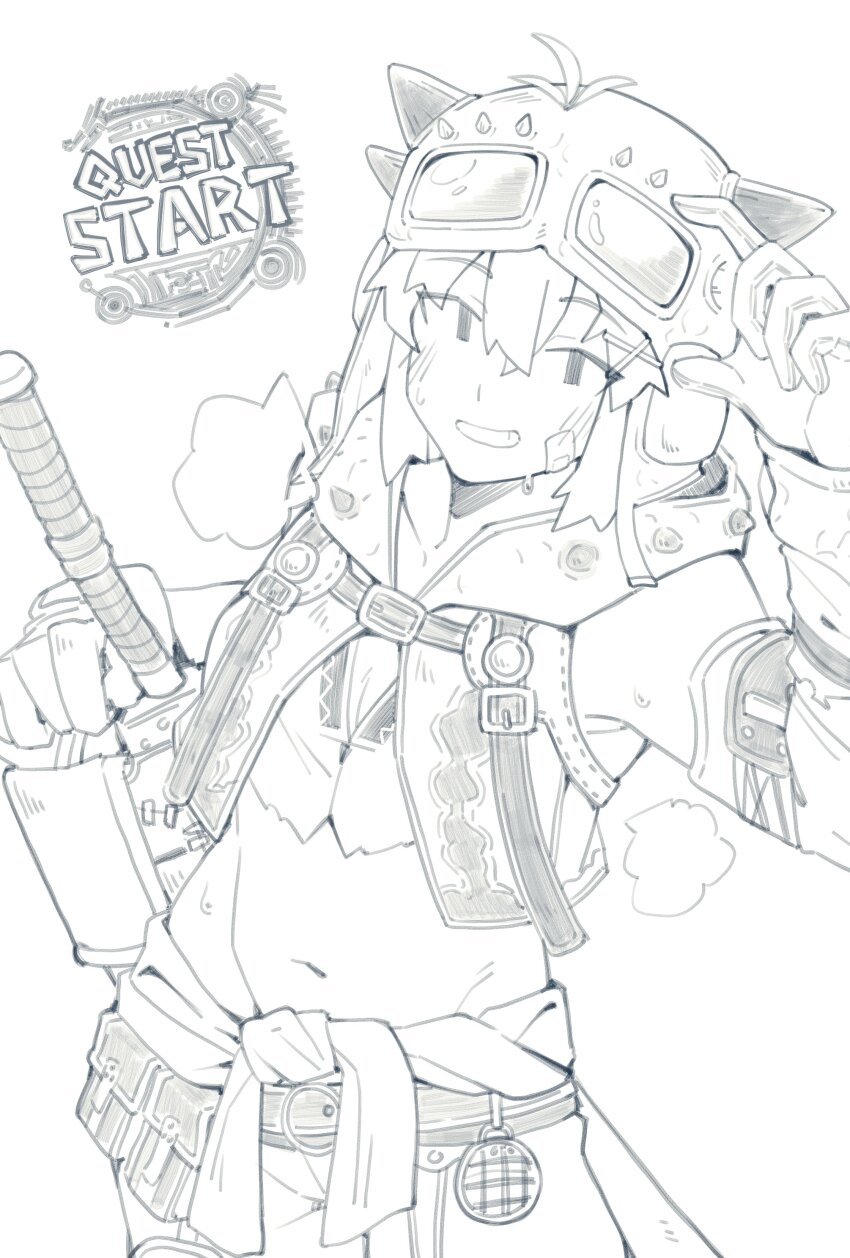 1girl absurdres bandaid bandaid_on_cheek bandaid_on_face belt belt_pouch blush breasts cleavage clothes_around_waist commentary_request cowboy_shot crop_top fukana_miyu_(kokuya28) gloves goggles goggles_on_head greyscale grin groin hair_ornament hammer highres holding holding_hammer kokuya_(kokuya28) lineart looking_at_viewer midriff monochrome monster_hunter_(series) monster_hunter_wilds navel original pants pouch shirt shirt_around_waist simple_background sleeveless sleeveless_shirt small_breasts smile solo x_hair_ornament
