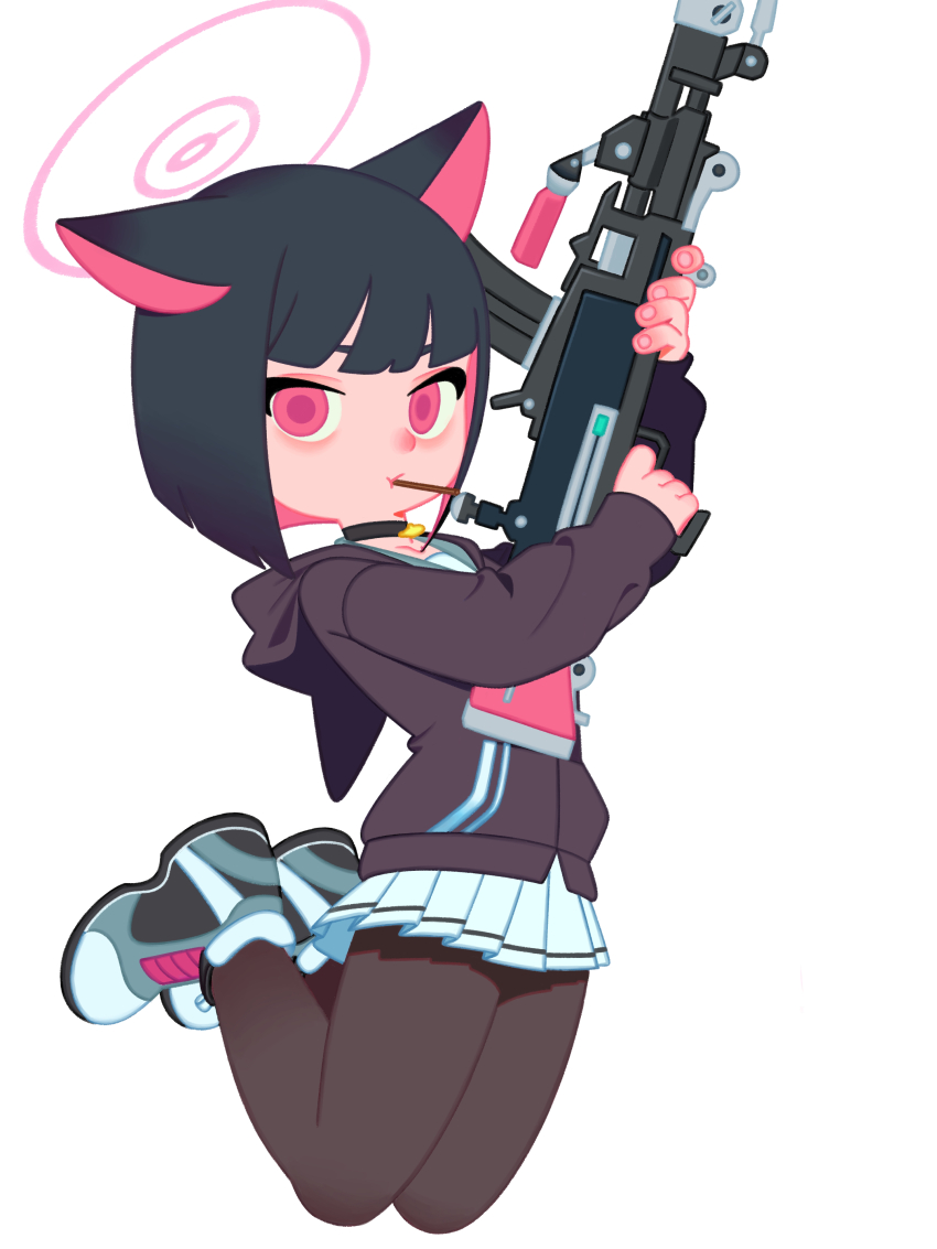 1girl absurdres animal_ears black_choker black_hair black_hoodie black_pantyhose blue_archive blunt_bangs bren_lmg cat_choker cat_ears cat_girl choker closed_mouth colored_inner_hair feet_up full_body gun halo highres holding holding_gun holding_weapon hood hoodie kazusa_(blue_archive) light_machine_gun looking_at_viewer machine_gun monster_l_(hochihochiha) multicolored_hair pantyhose pink_eyes pink_hair pink_halo short_hair simple_background skirt solo tachi-e weapon white_background white_skirt