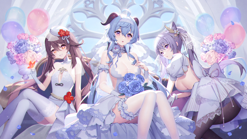 3girls absurdres alternate_costume ass balloon bare_shoulders black_pantyhose breasts bride brown_hair bug butterfly cone_hair_bun detached_sleeves dress flower ganyu_(genshin_impact) genshin_impact gloves goat_horns hair_between_eyes hair_bun hand_on_own_chest highres horns hu_tao_(genshin_impact) insect keqing_(genshin_impact) lemonpear long_hair looking_at_viewer medium_breasts multicolored_flower multiple_girls pantyhose red_butterfly red_eyes rose sideboob sidelocks thighhighs thighs wedding_dress white_dress white_gloves white_headwear white_sleeves white_thighhighs