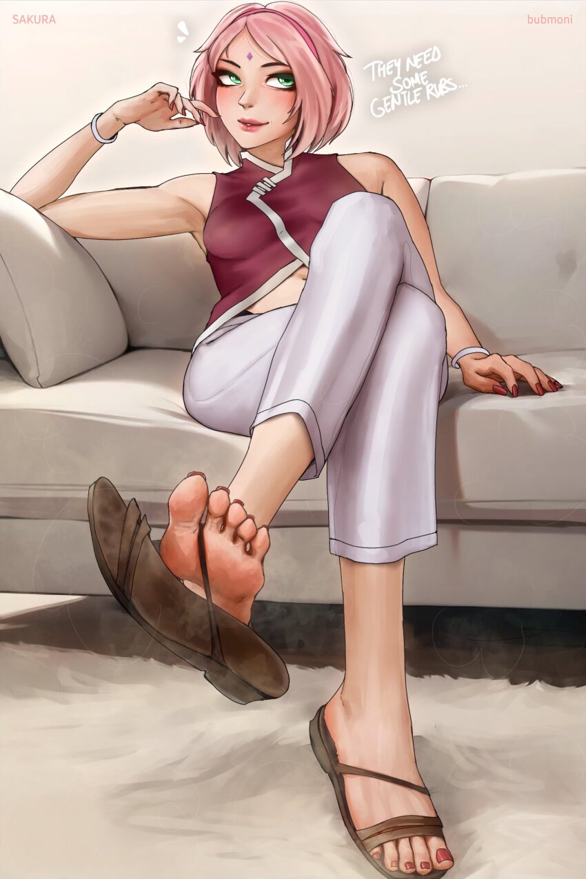 1girl arm_up armpits artist_name bare_shoulders barefoot between_toes blush bracelet brown_sandals bubmoni carpet character_request commentary couch crossed_legs english_text eyelashes facial_mark feet foot_focus footprints forehead_mark full_body green_eyes grey_background grey_pants hairband haruno_sakura highres holding_with_feet indoors jewelry leaning_back lips looking_at_viewer medium_hair nail_polish naruto_(series) navel on_couch paid_reward_available pants parted_bangs parted_lips pink_hair pink_hairband red_nails sandals shadow sitting smell soles solo steaming_body toenail_polish toenails toes