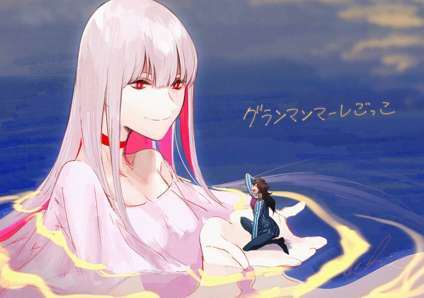 1boy 1girl :d ascot between_legs black_footwear black_hair blue_jacket blue_pants blunt_bangs bright_pupils choker closed_eyes closed_mouth cloud colored_inner_hair cosplay dress earrings facing_another fate/grand_order fate_(series) fujimoto_(ponyo) fujimoto_(ponyo)_(cosplay) gake_no_ue_no_ponyo giant giantess hair_between_eyes hair_down hand_between_legs highres in_palm jacket jewelry long_hair looking_at_another multicolored_hair ocean off-shoulder_dress off_shoulder on_one_knee open_mouth oryou_(fate) oryou_(lancer)_(fate) pants parody partially_submerged pink_dress pink_hair popped_collar profile purple_ascot red_choker red_eyes sakamoto_ryouma_(fate) scratching_head shirt slit_pupils smile striped_clothes striped_jacket teeth upper_teeth_only vertical-striped_clothes vertical-striped_jacket white_hair white_jacket white_pupils white_shirt ziege113