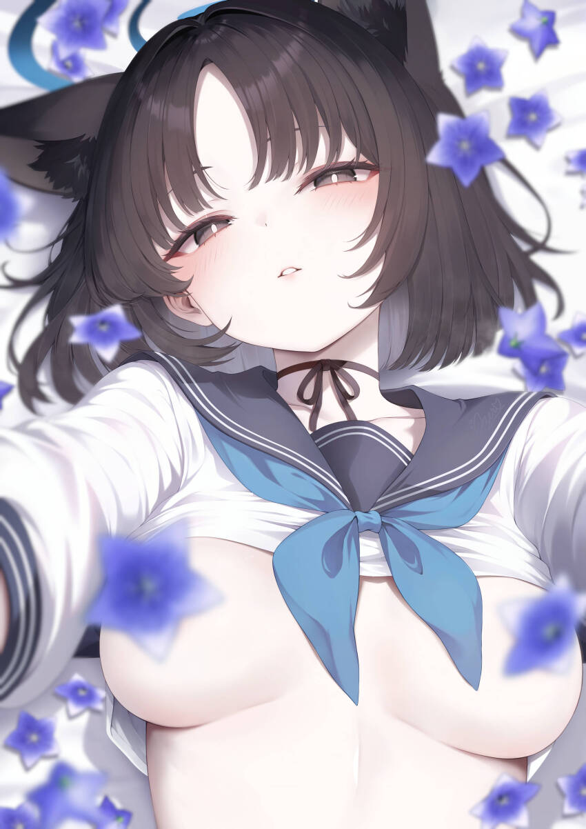 1girl absurdres animal_ears black_eyes black_hair blue_archive blue_halo blue_neckerchief blurry blurry_foreground breasts cat_ears cat_girl cat_tail clothes_lift convenient_censoring extra_ears halo highres john_zerowb kikyou_(blue_archive) looking_at_viewer medium_breasts neckerchief no_bra outstretched_arms reaching reaching_towards_viewer school_uniform serafuku shirt_lift short_hair solo tail upper_body