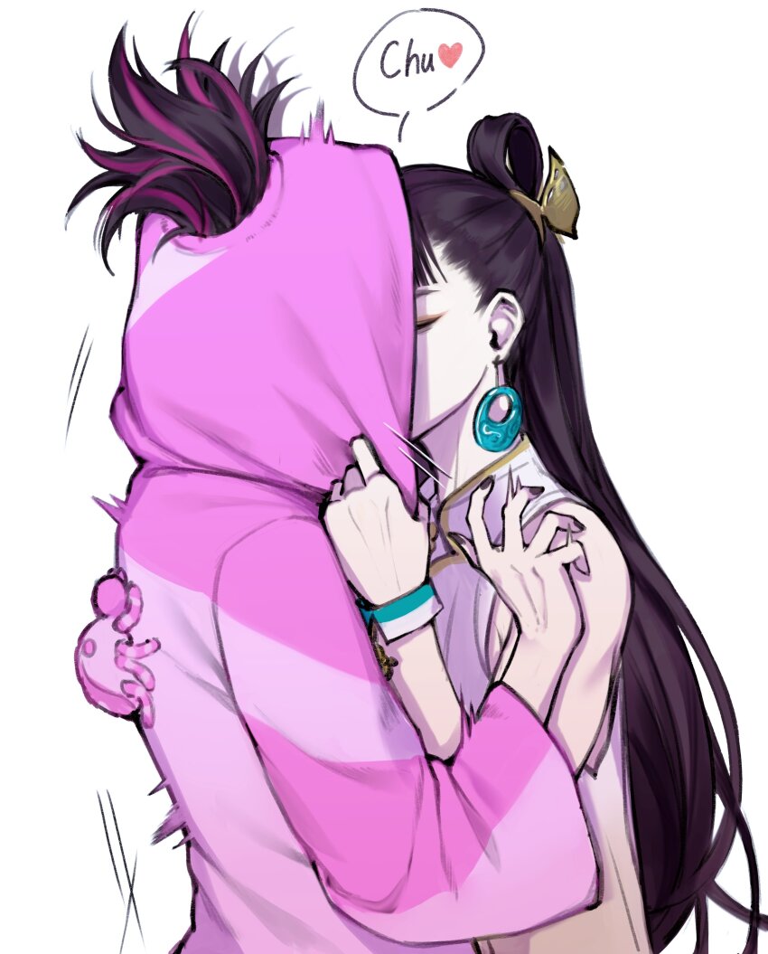 2girls absurdres alternate_costume alternate_hairstyle black_hair bracelet bug capcom chun-li closed_eyes earrings english_text eyeshadow han_juri heart highres hood hood_up icot834267 jewelry kiss long_hair long_sleeves makeup multicolored_hair multiple_girls pajamas shirt sleeveless sleeveless_shirt spider street_fighter street_fighter_6 surprise_kiss surprised two-tone_hair white_background yuri