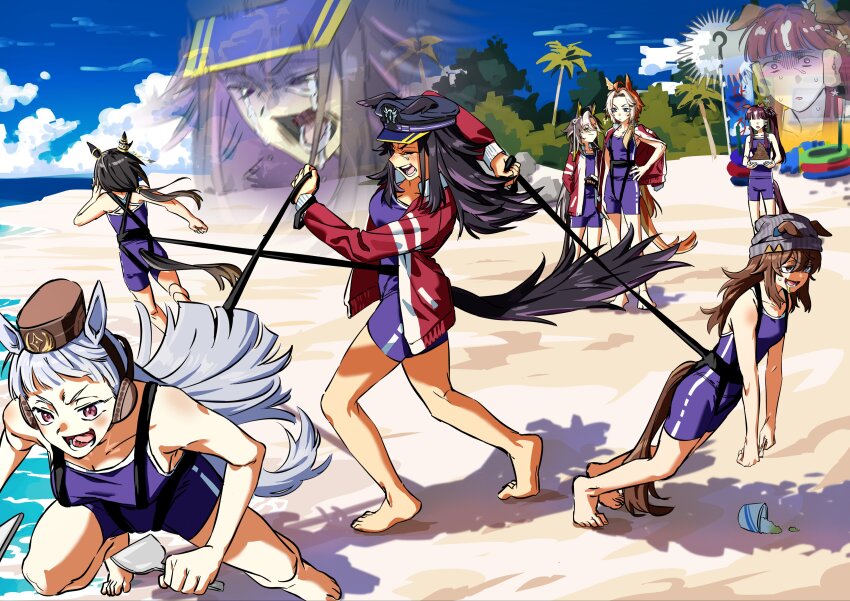 6+girls ? absurdres animal_ears beach beanie black_hair blue_one-piece_swimsuit brown_hair closed_eyes cloud crying dream_journey_(umamusume) ears_through_headwear fenomeno_(umamusume) food gold_ship_(umamusume) grey_hair grey_hat hat highres horse_ears horse_girl horse_tail jacket lucky_lilac_(umamusume) meme multicolored_hair multiple_girls nakayama_festa_(umamusume) one-piece_swimsuit open_mouth orange_hair orfevre_(umamusume) palm_tree peaked_cap pink_eyes purple_eyes red_jacket rough_day_for_mom_(meme) shaved_ice stay_gold_(umamusume) swimsuit tail track_jacket tree umagamja umamusume