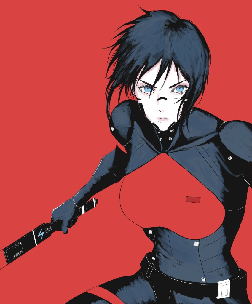 1girl absurdres android black_hair blue_eyes cyberpunk elster_(signalis) gun highres joints metal_skin robot_girl robot_joints science_fiction short_hair signalis solo virtuware weapon