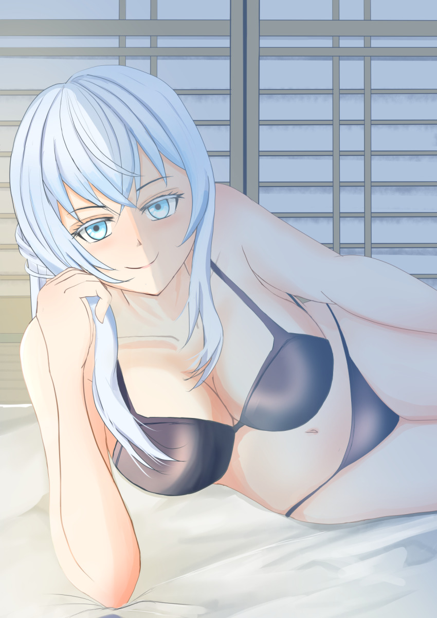 1girl black_bra black_panties blue_eyes bra breasts cleavage crossed_bangs eiyuu_densetsu hair_between_eyes half_updo highres kuro_no_kiseki_(series) large_breasts looking_at_viewer midriff navel on_bed panties partially_shaded_face shizuna_rem_misurugi shouji sidelocks sirakaba324 sliding_doors smile solo underwear white_hair