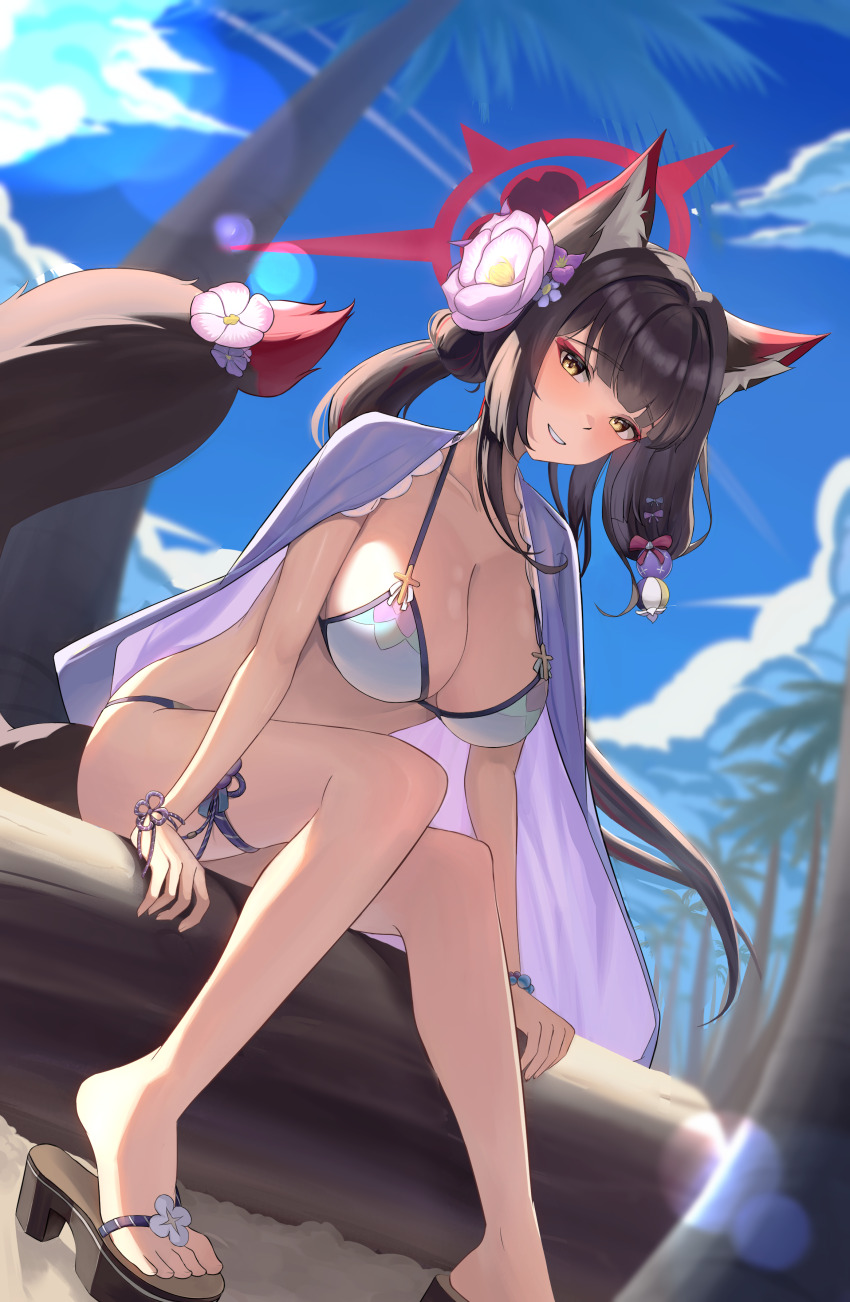 1girl absurdres animal_ears bikini blue_archive blue_sky bodam bracelet breasts brown_hair cloud collarbone commentary day flower fox_ears fox_girl fox_tail hair_flower hair_ornament halo highres jewelry large_breasts long_hair looking_at_viewer official_alternate_costume palm_tree red_halo sandals sitting sky smile swimsuit tail thigh_strap toes tree wakamo_(blue_archive) wakamo_(swimsuit)_(blue_archive) white_bikini yellow_eyes