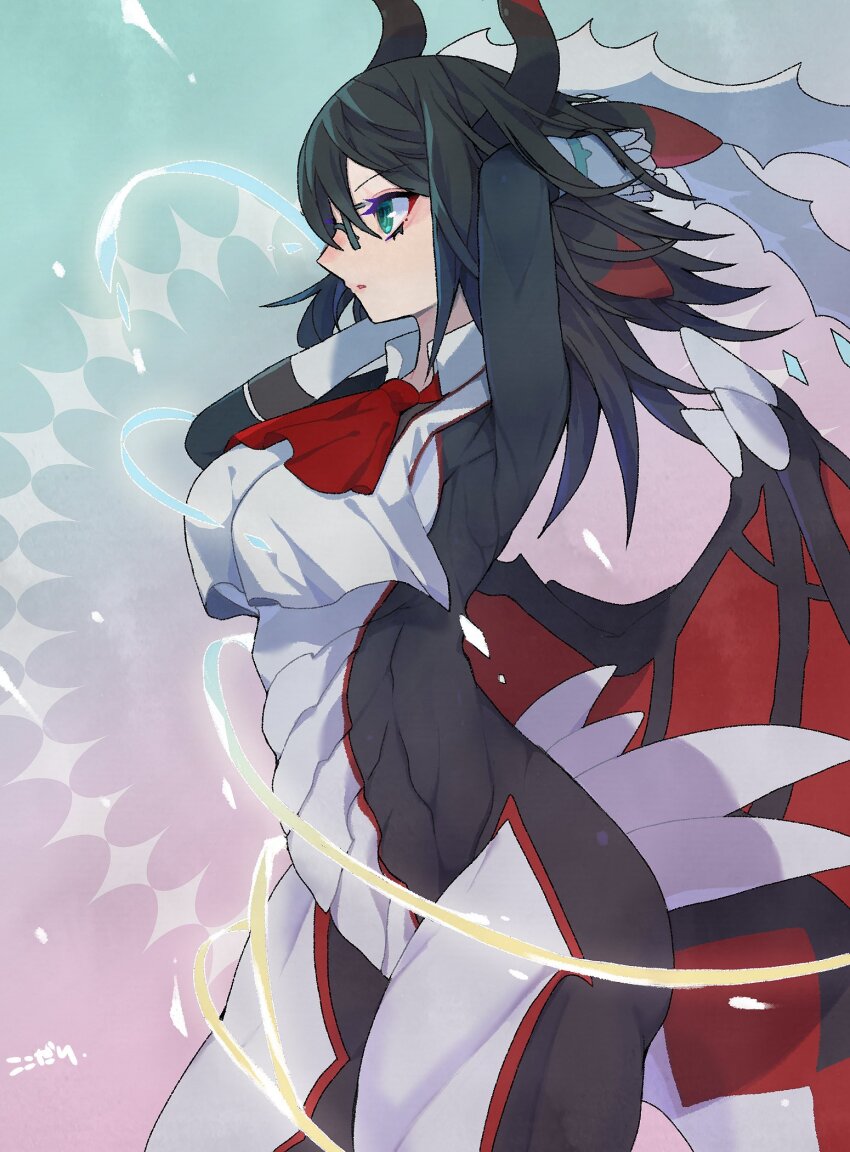 1girl apron arm_up armpits black_hair blush breasts dragon_girl dragon_horns dragon_wings dragonmaid_sheou duel_monster from_side glasses green_eyes highres horns house_dragonmaid kokodari large_breasts long_hair maid maid_apron open_mouth solo thighs transformation victorian_maid white_apron wings yu-gi-oh!