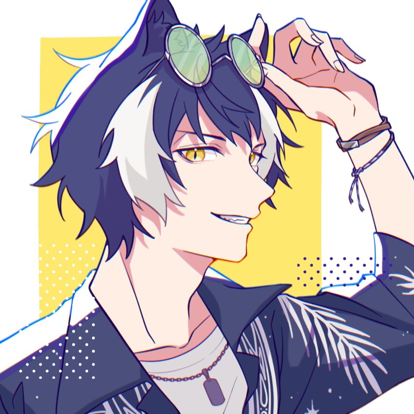 1boy adjusting_eyewear animal_ears arm_up black_hair black_shirt bracelet collarbone dog_tags etsuki eyewear_on_head green-tinted_eyewear grin hawaiian_shirt highres holostars jackal_ears jewelry kageyama_shien kageyama_shien_(3rd_costume) male_focus multicolored_hair round_eyewear shirt short_hair smile solo teeth tinted_eyewear two-tone_hair virtual_youtuber white_hair white_shirt yellow_eyes