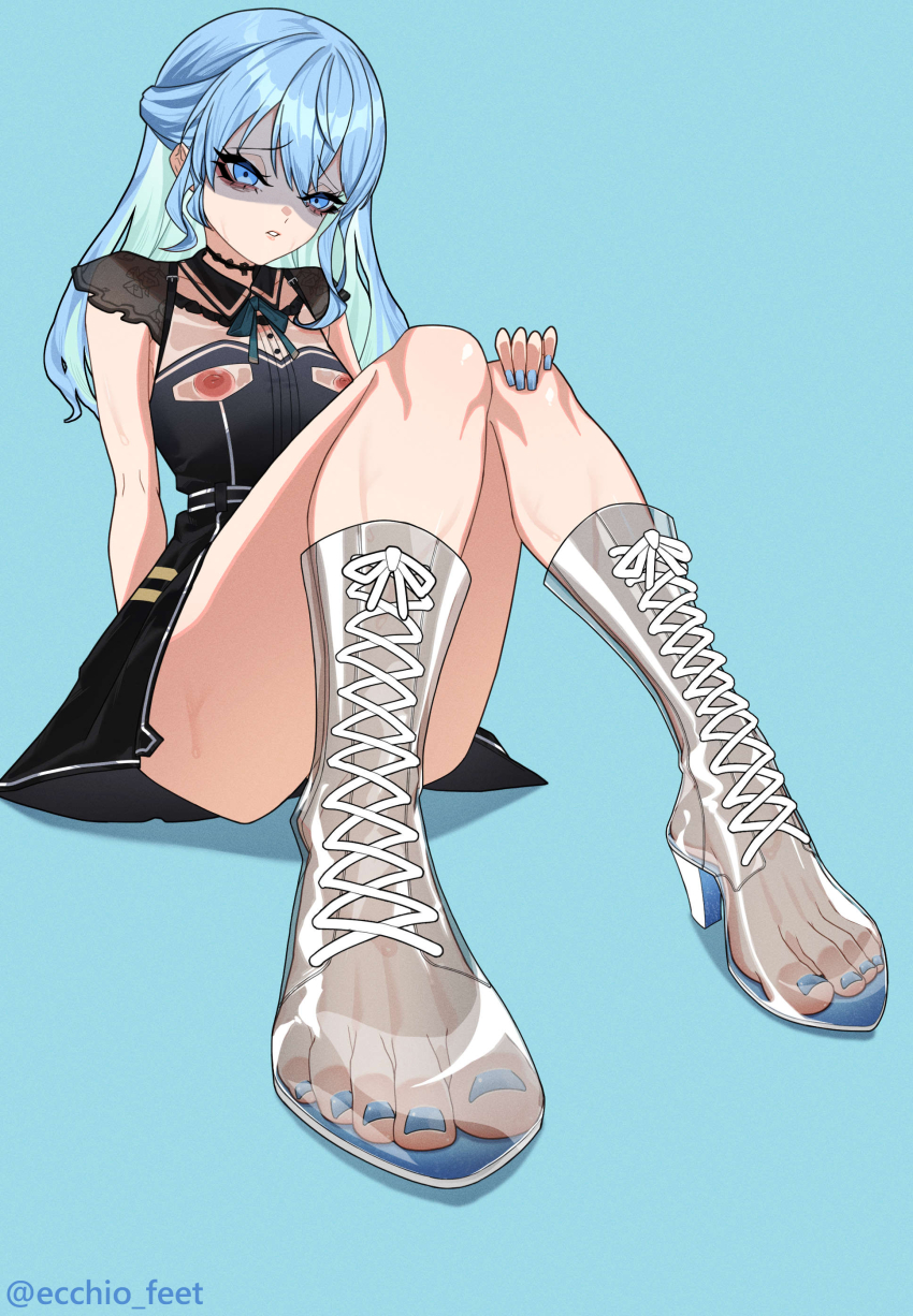 1girl absurdres aqua_hair armpit_crease black_choker black_dress blue_background blue_eyes blue_hair blue_nails blush boots bow bowtie breasts choker colored_inner_hair convenient_leg dress ecchi-o eyelashes feet foot_focus foreshortening hair_between_eyes hand_on_own_knee high_heel_boots high_heels highres hololive hoshimachi_suisei hoshimachi_suisei_(casual) knees_together_feet_apart knees_up large_areolae legs long_hair looking_at_viewer multicolored_hair nail_polish nipple_cutout paid_reward_available parted_lips see-through_clothes see-through_footwear short_dress short_sleeves sidelocks simple_background sitting small_breasts solo toenail_polish toenails toes twitter_username virtual_youtuber