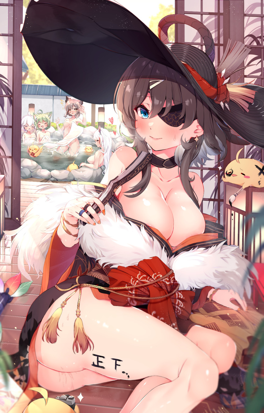 5girls animal_ears azur_lane bare_shoulders black_headwear blue_eyes breasts brown_hair brown_kimono brown_sleeves cat_ears cleavage earrings eyepatch fur-trimmed_kimono fur_trim georgia_(azur_lane) georgia_(exalted_vibrance)_(azur_lane) green_hair hat heart highres indoors japanese_clothes jewelry kimono large_breasts long_hair looking_at_viewer looking_to_the_side manjuu_(azur_lane) multicolored_hair multiple_girls naked_towel new_year official_alternate_costume onsen prinz_eugen_(azur_lane) red_hair shiira_(nya_rl) short_hair small_breasts straw_hat streaked_hair suzutsuki_(azur_lane) thighs towel two-tone_hair u-110_(azur_lane) water white_hair wide_sleeves wooden_floor