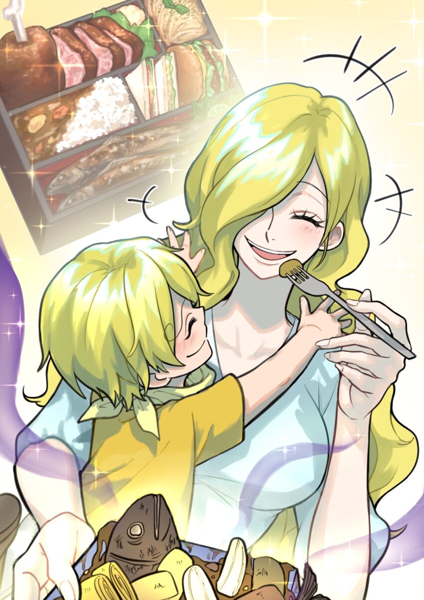 +++ 1boy 1girl ^_^ aged_down bento blue_dress burger child closed_eyes commentary_request curry dress fish food fork hair_over_one_eye highres holding holding_fork hug long_hair meat momo0305777 mother_and_son one_piece sandwich sanji_(one_piece) shirt short_hair smile sparkle vinsmoke_sora yellow_shirt