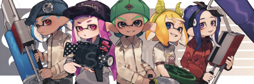 .52_gal_(splatoon) 2boys 3girls backwards_hat bandana baseball_cap beret black_bandana black_eyes blonde_hair blue_eyes blue_hair blue_hat camouflage_headwear closed_mouth commentary commission dark-skinned_male dark_skin english_commentary fake_horns film_grain flingza_roller_(splatoon) gradient_background green_hair green_hat grey_pants grey_shirt grin hairband hat hero_splatling_(splatoon) highres holding holding_weapon horn_hairband horns inkling inkling_boy inkling_girl inkling_player_character jacket letterboxed medium_hair multiple_boys multiple_girls nintendo octoling octoling_girl octoling_player_character pants parted_lips pink_eyes pink_hair pointy_ears ponytail prat_rat print_shirt purple_eyes purple_hair purple_hat red_eyes red_jacket sample_watermark shirt short_hair smile splatoon_(series) t-shirt tentacle_hair tri-slosher_(splatoon) watermark weapon white_shirt yellow_hairband yellow_horns yellow_jacket zipper zipper_pull_tab